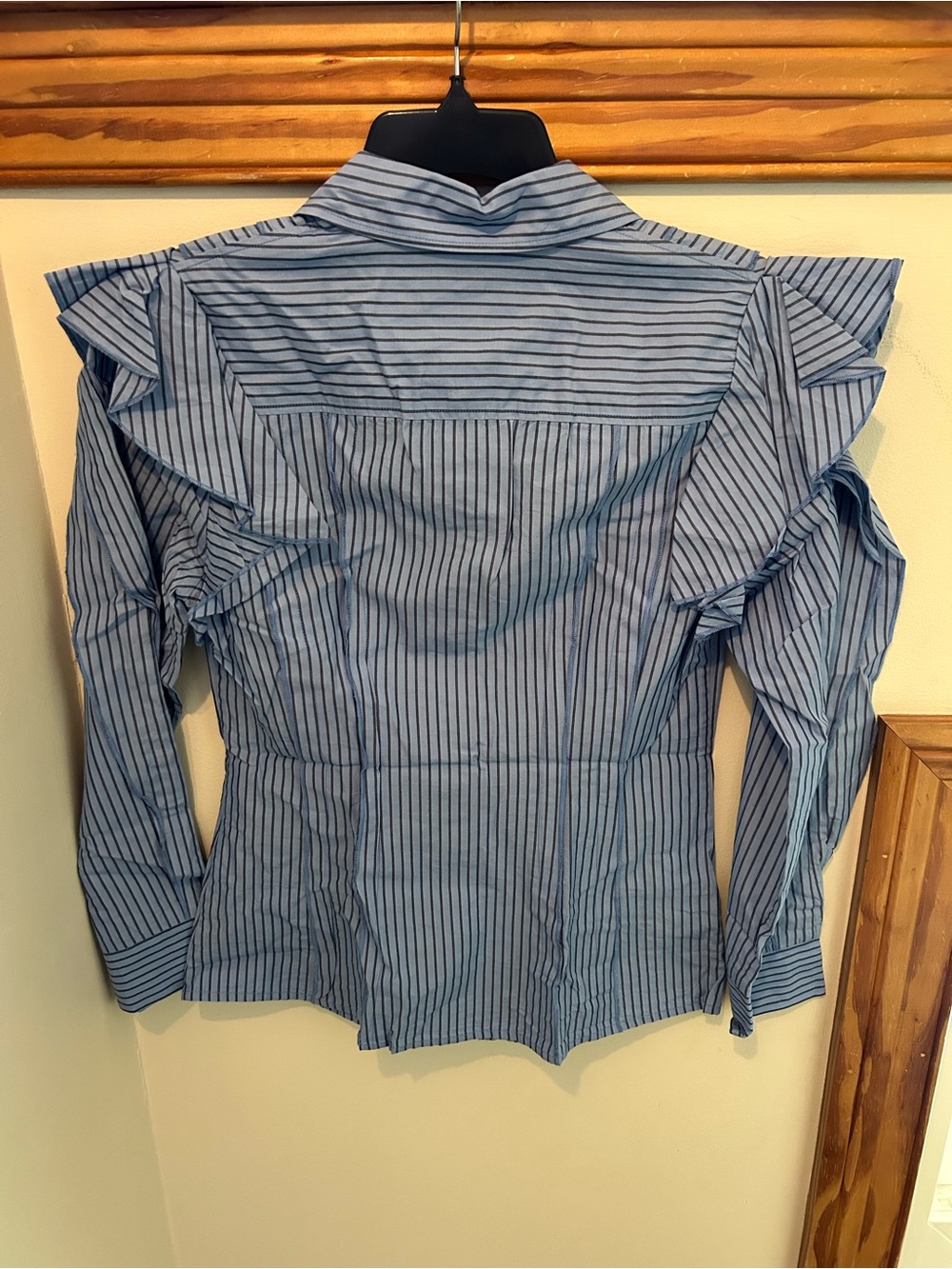 Blue Striped Ruffle-Shoulder Button-Down Shirt - Picture 4 of 5
